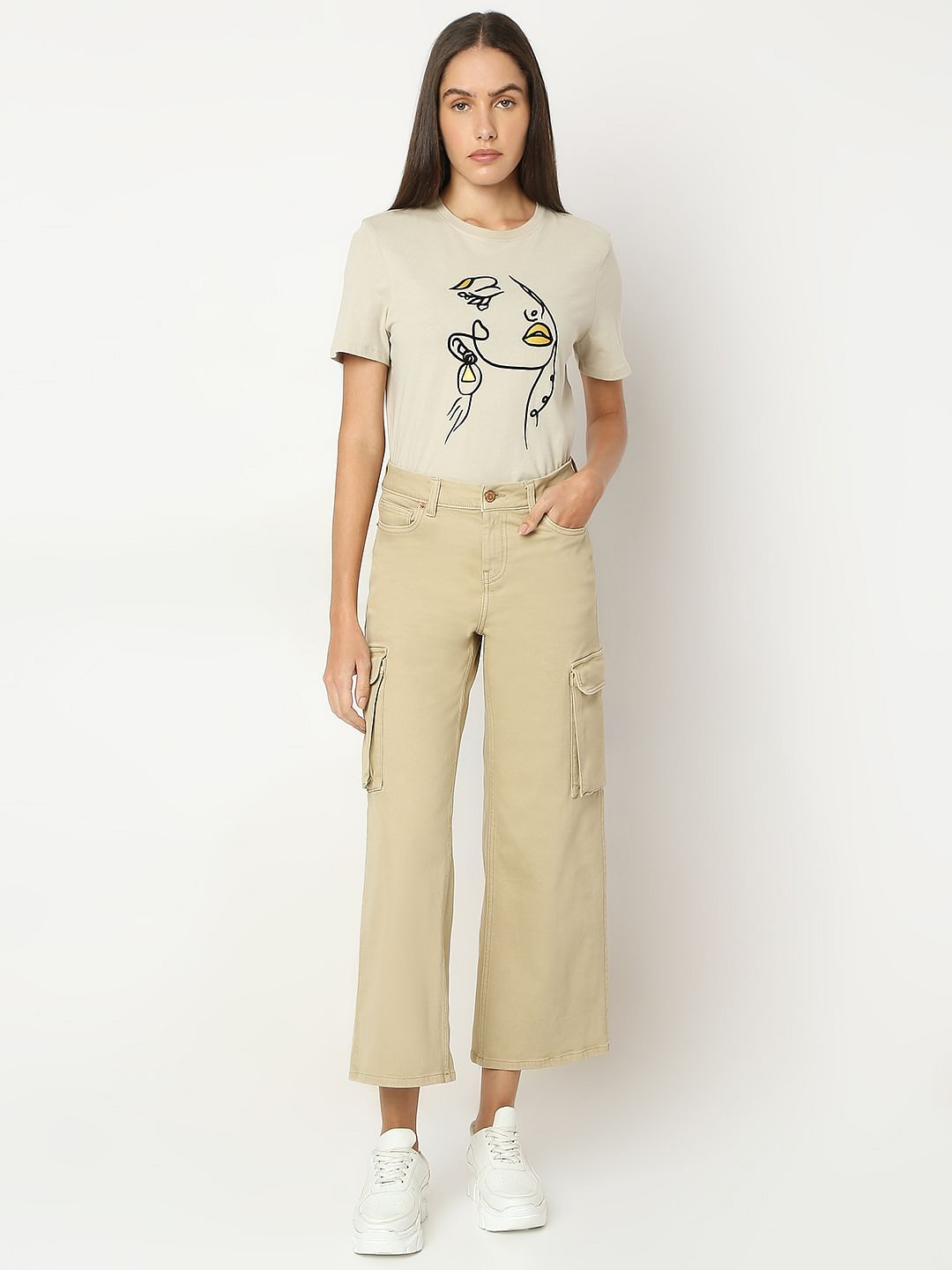 Beige High Rise Wide Leg Jeans