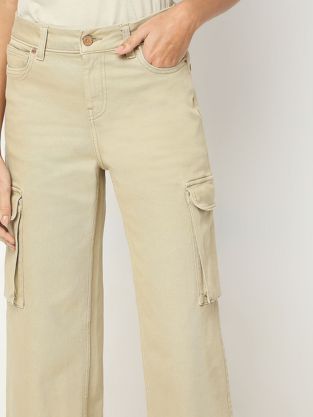 Beige High Rise Wide Leg Jeans