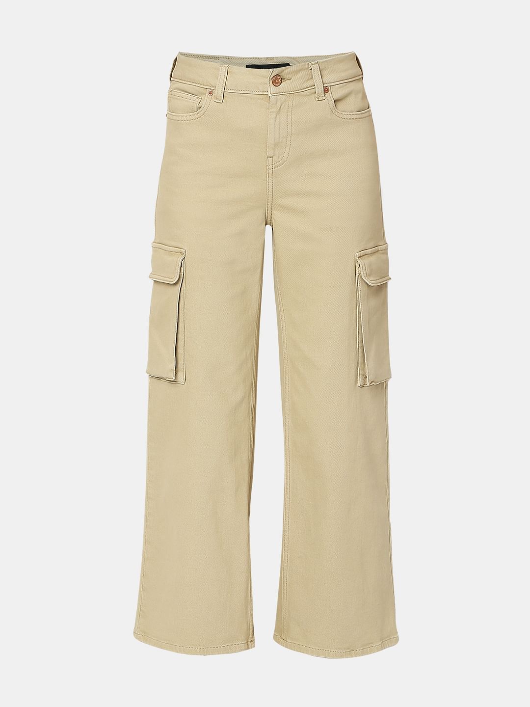 Beige High Rise Wide Leg Jeans