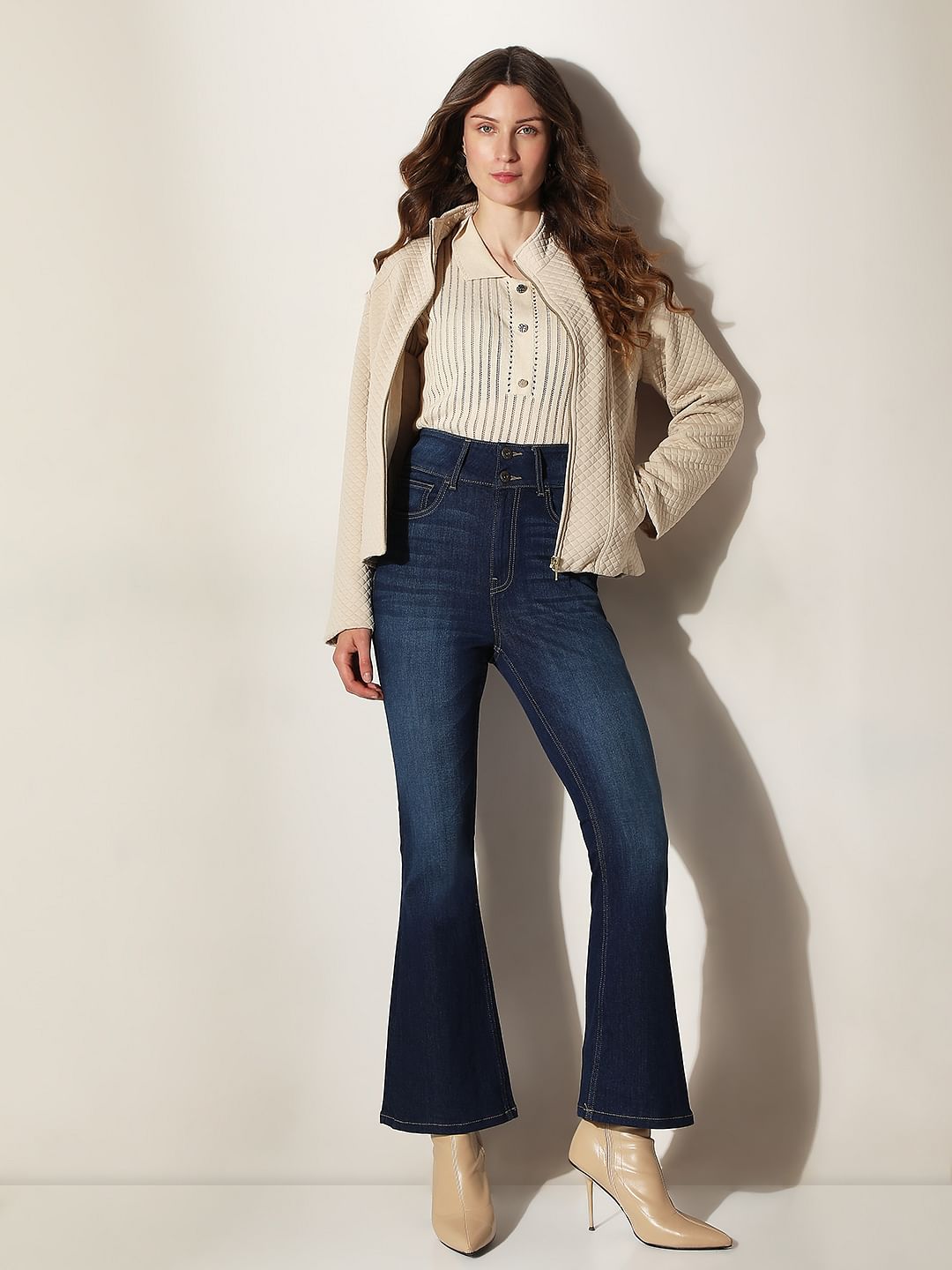 Dark Blue Double Button Bootcut Jeans