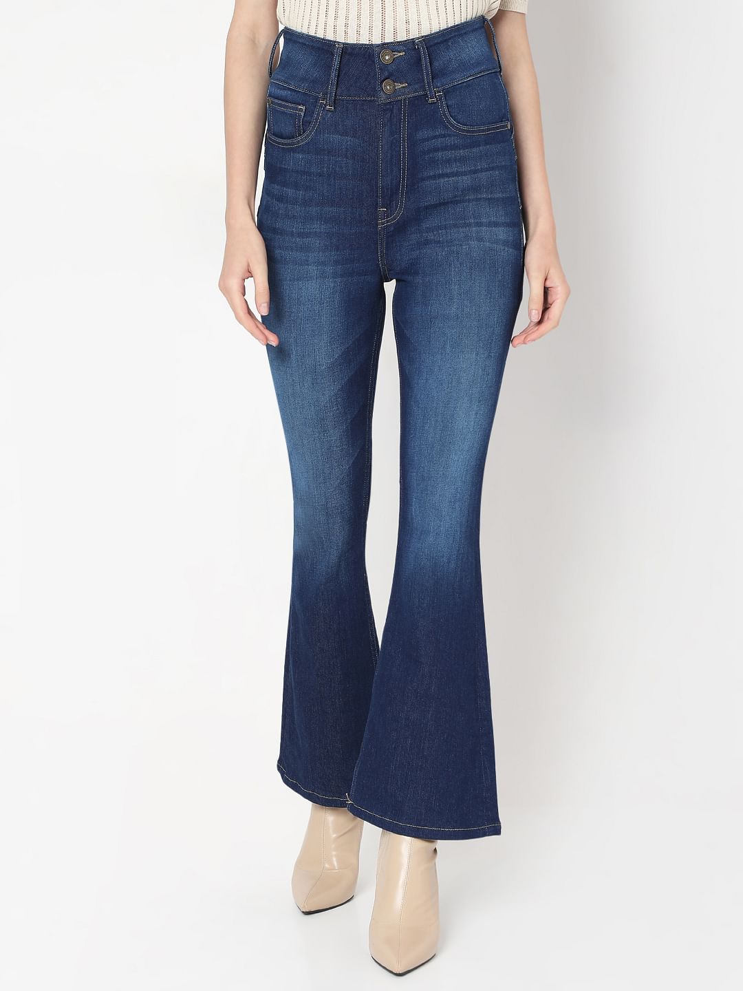 Dark Blue Double Button Bootcut Jeans