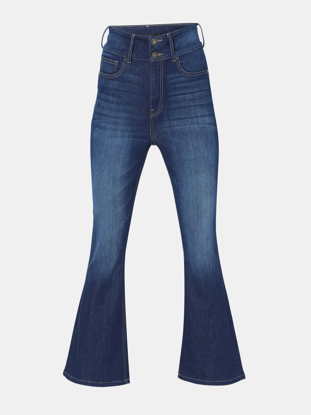 Dark Blue Double Button Bootcut Jeans