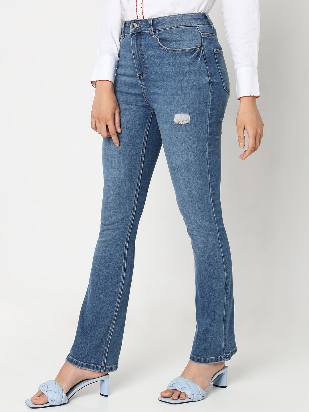 Blue Mid Rise Mildly Distressed Petra Bootcut Jeans