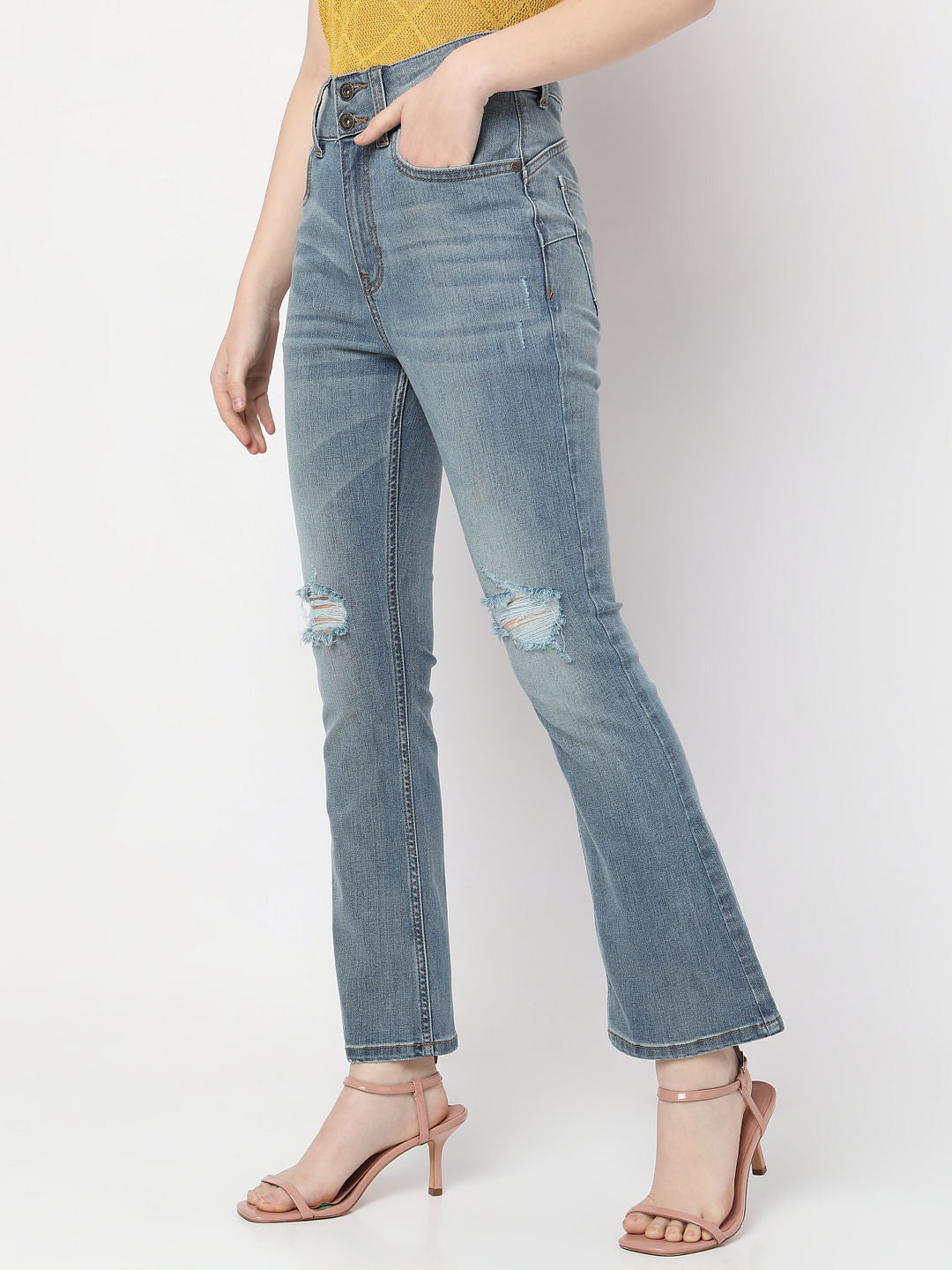 Blue High Rise Distressed Petra Bootcut Jeans