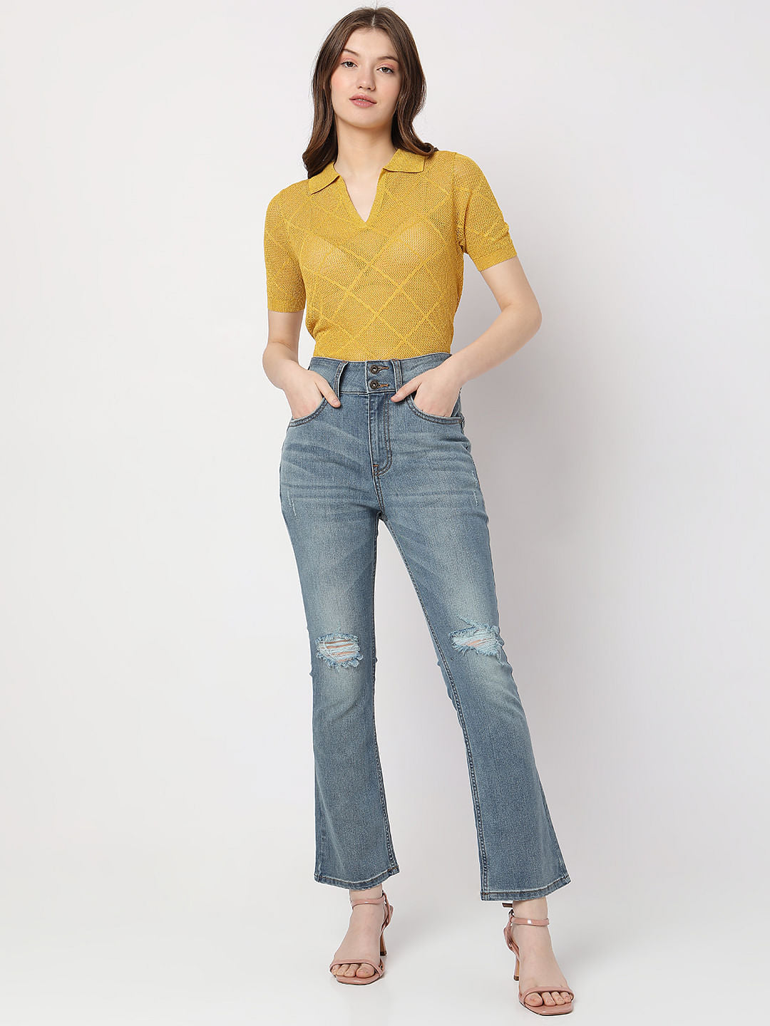 Blue High Rise Distressed Petra Bootcut Jeans