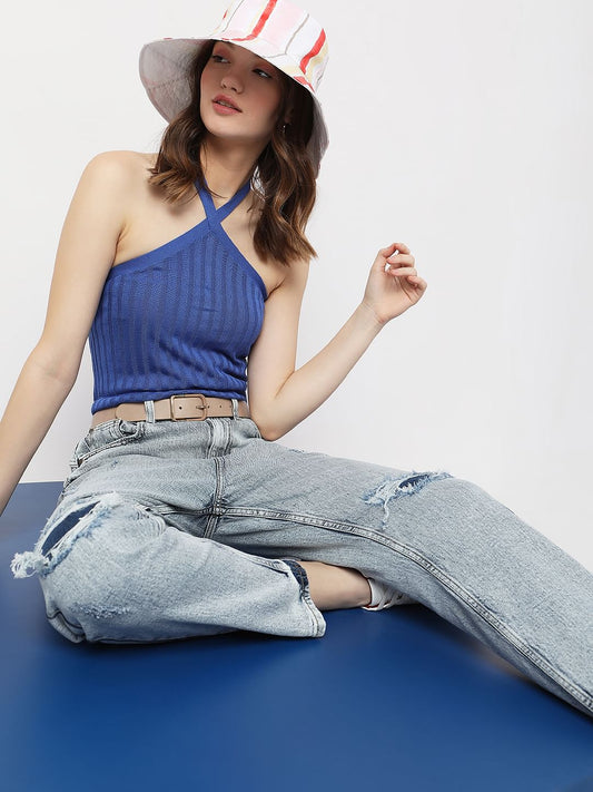Blue High Rise Distressed Mom Fit Jeans