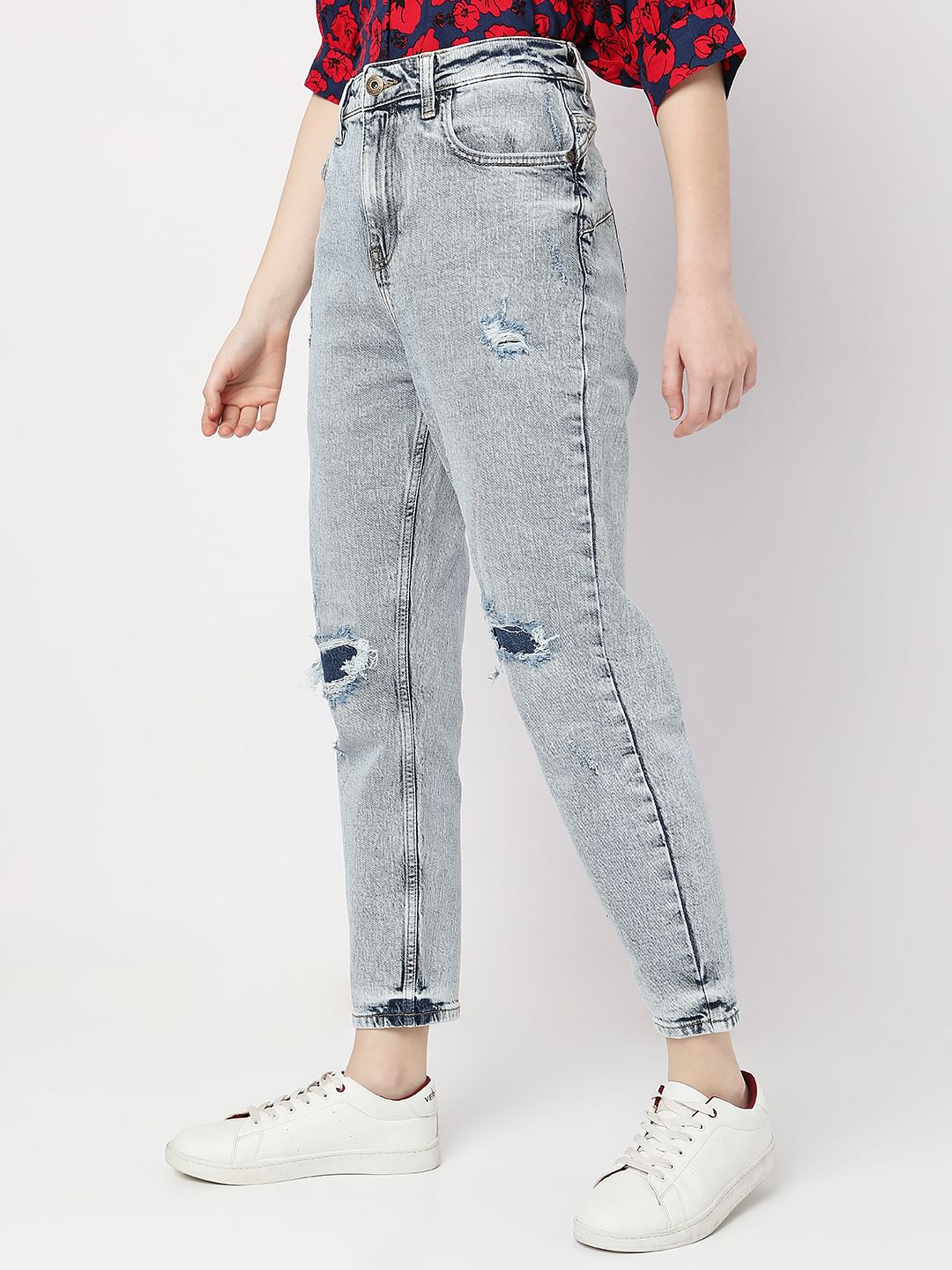 Blue High Rise Distressed Mom Fit Jeans