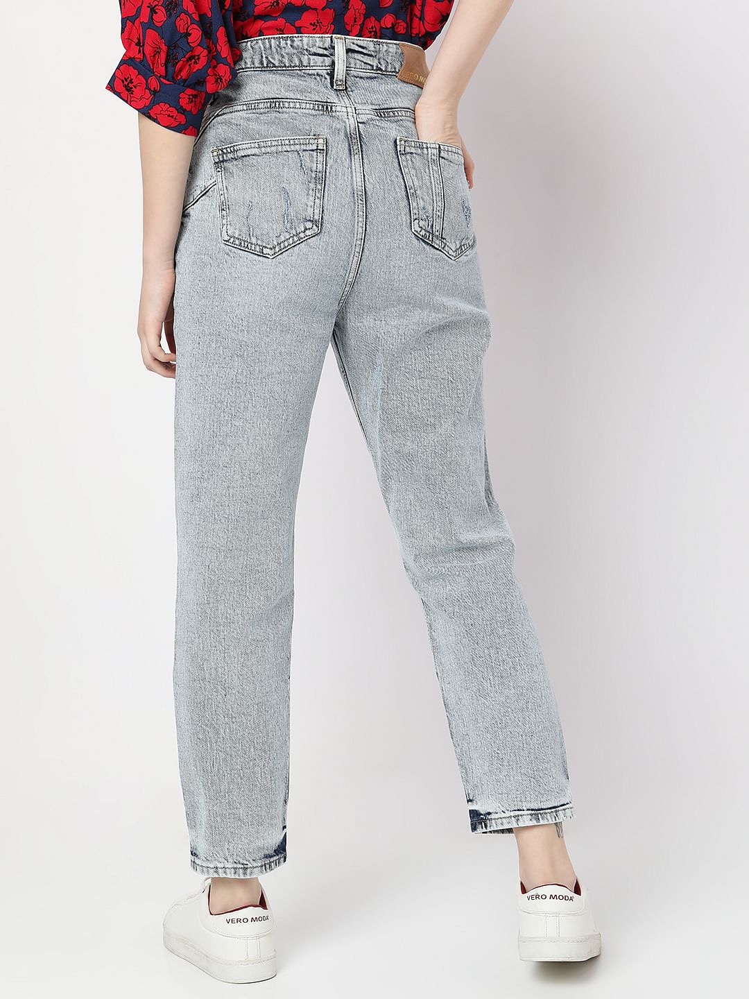 Blue High Rise Distressed Mom Fit Jeans