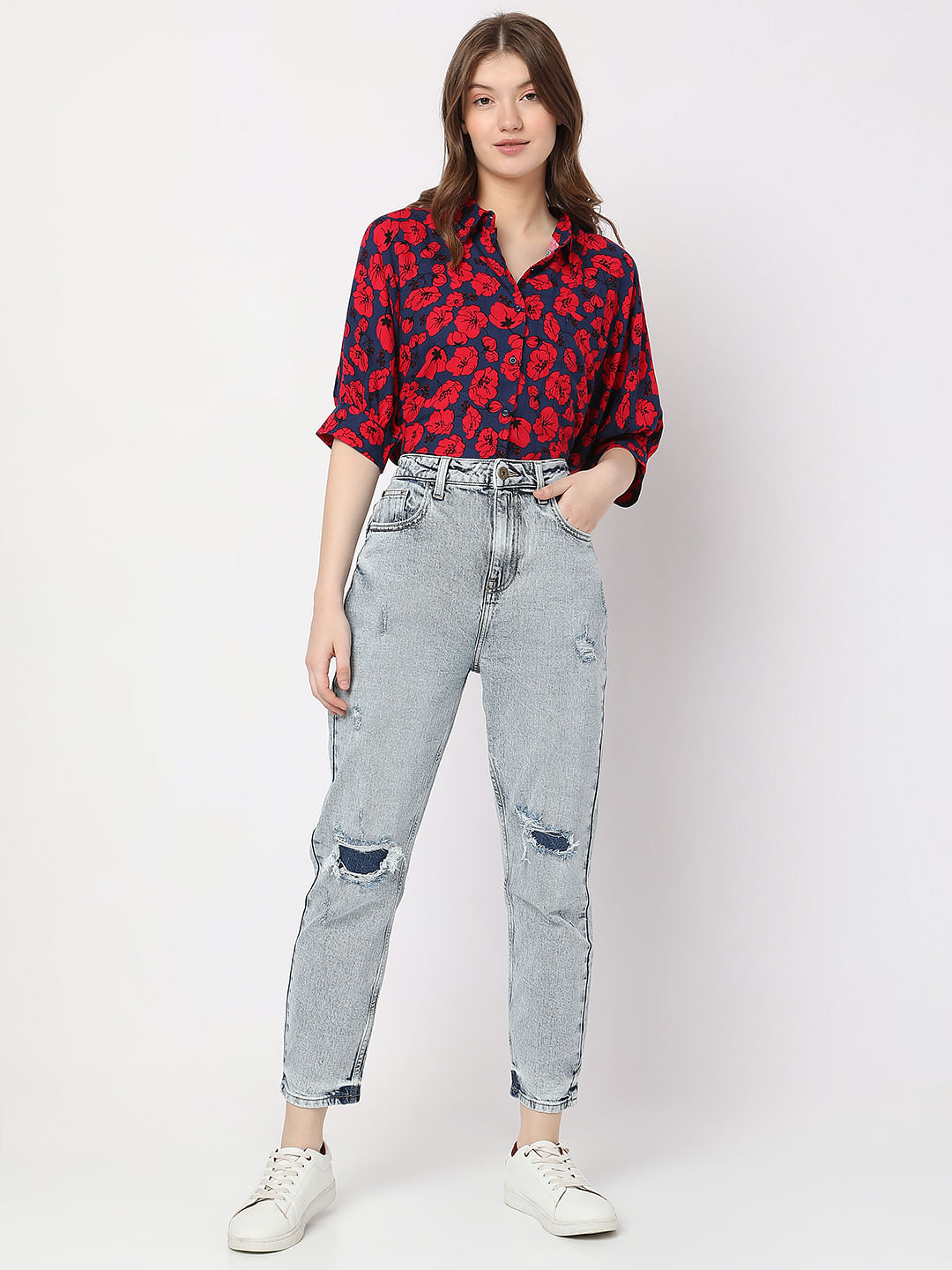 Blue High Rise Distressed Mom Fit Jeans