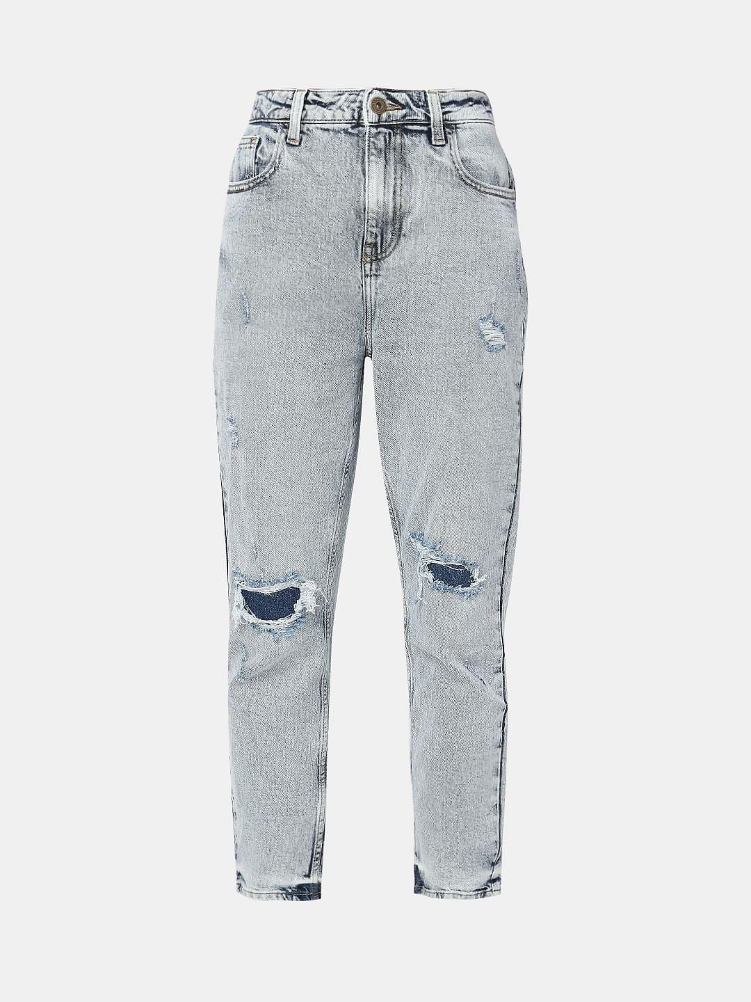 Blue High Rise Distressed Mom Fit Jeans
