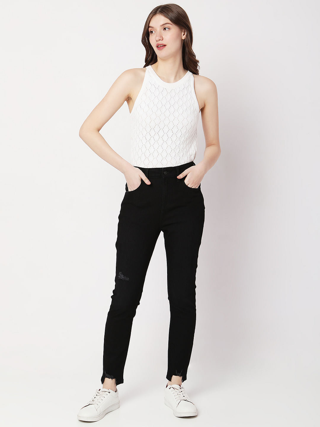 Black High Rise Distressed Wendy Skinny Jeans