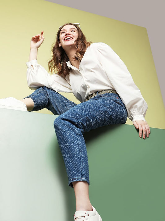 Blue High Rise Textured Jade Straight Fit Jeans