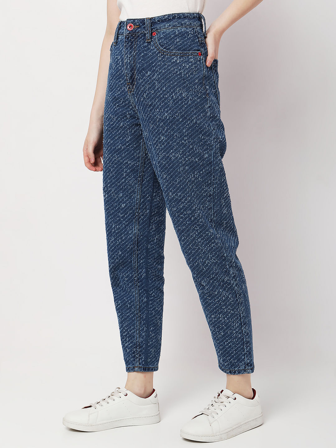 Blue High Rise Textured Jade Straight Fit Jeans