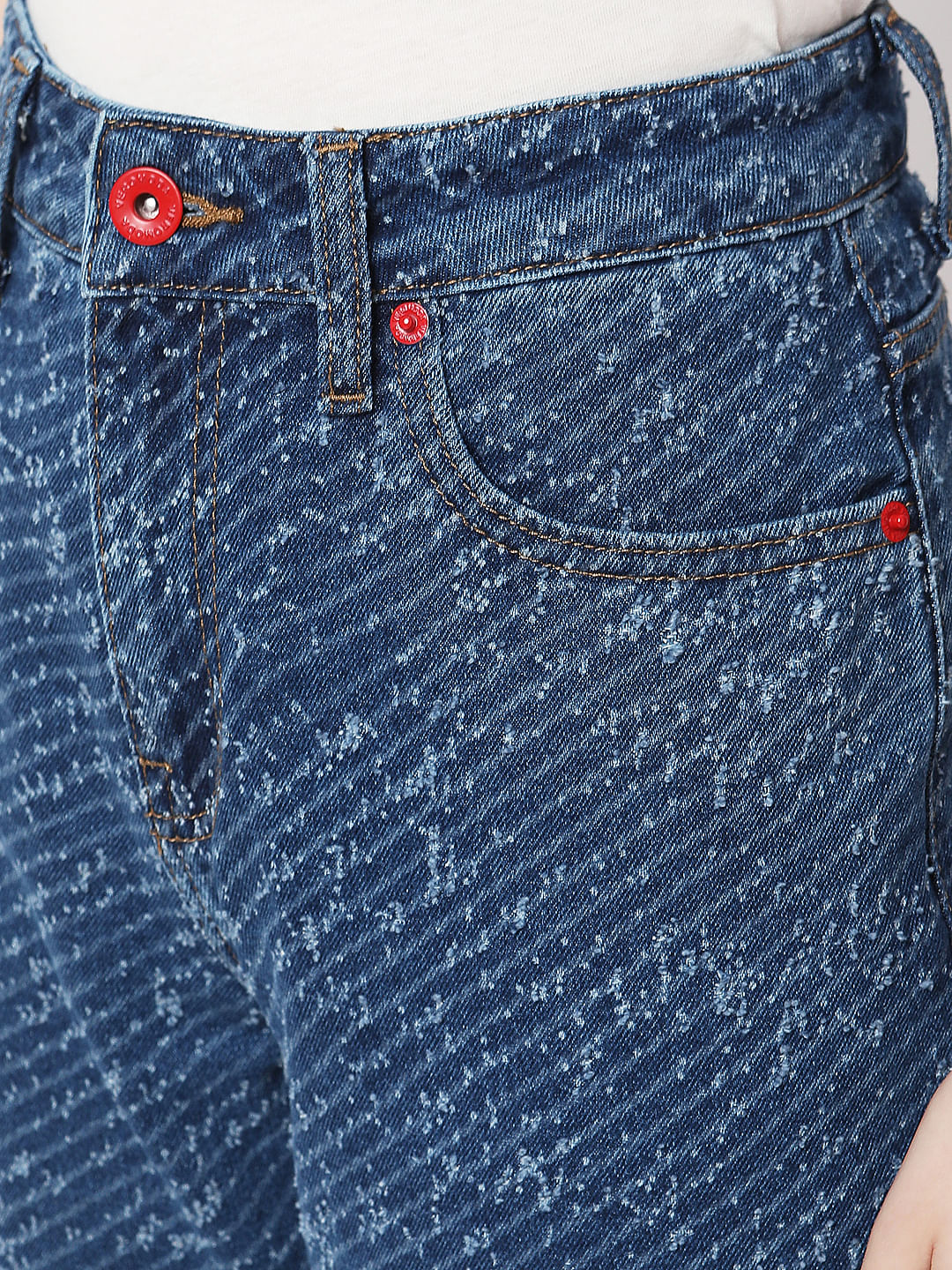 Blue High Rise Textured Jade Straight Fit Jeans