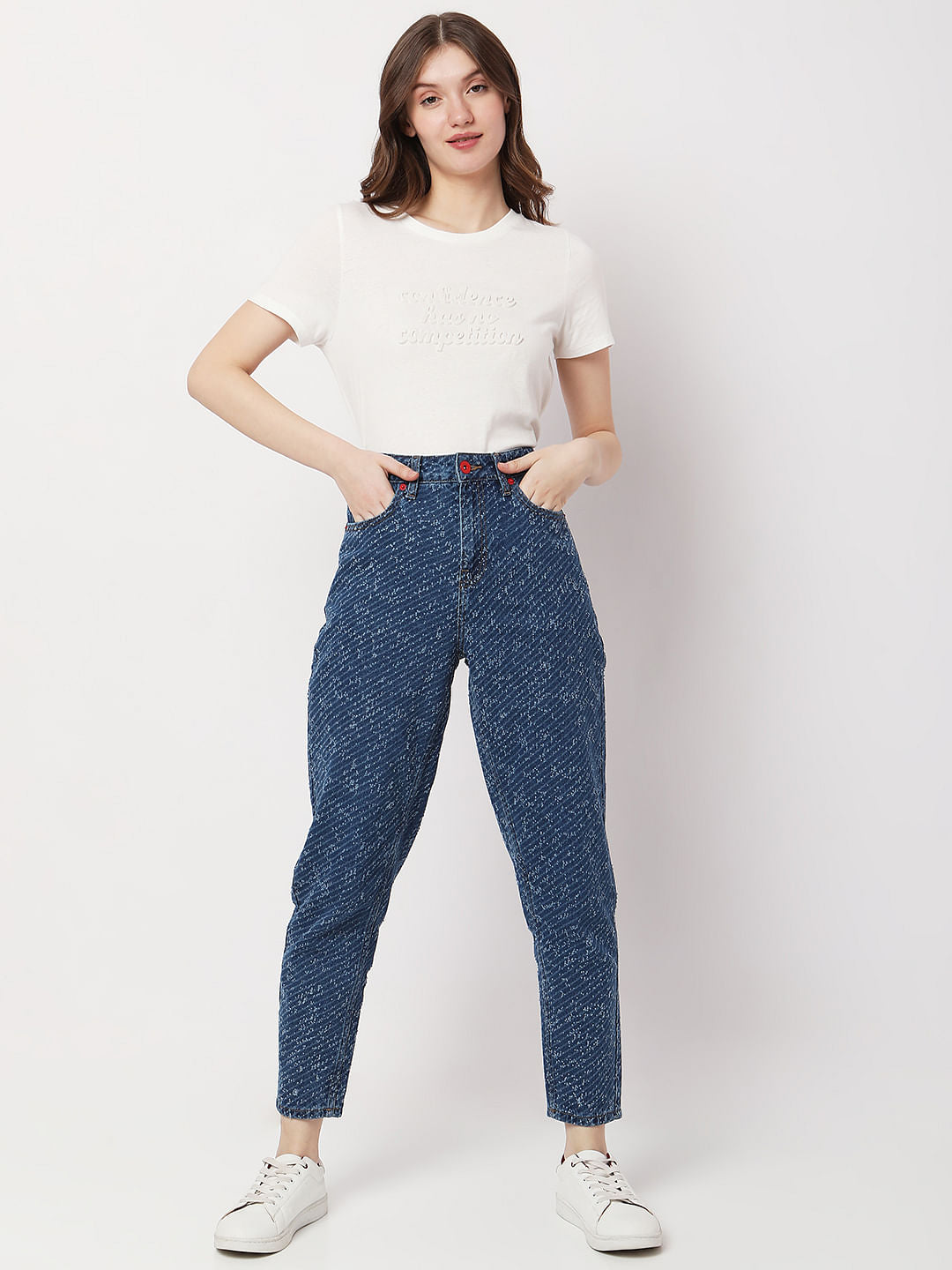 Blue High Rise Textured Jade Straight Fit Jeans