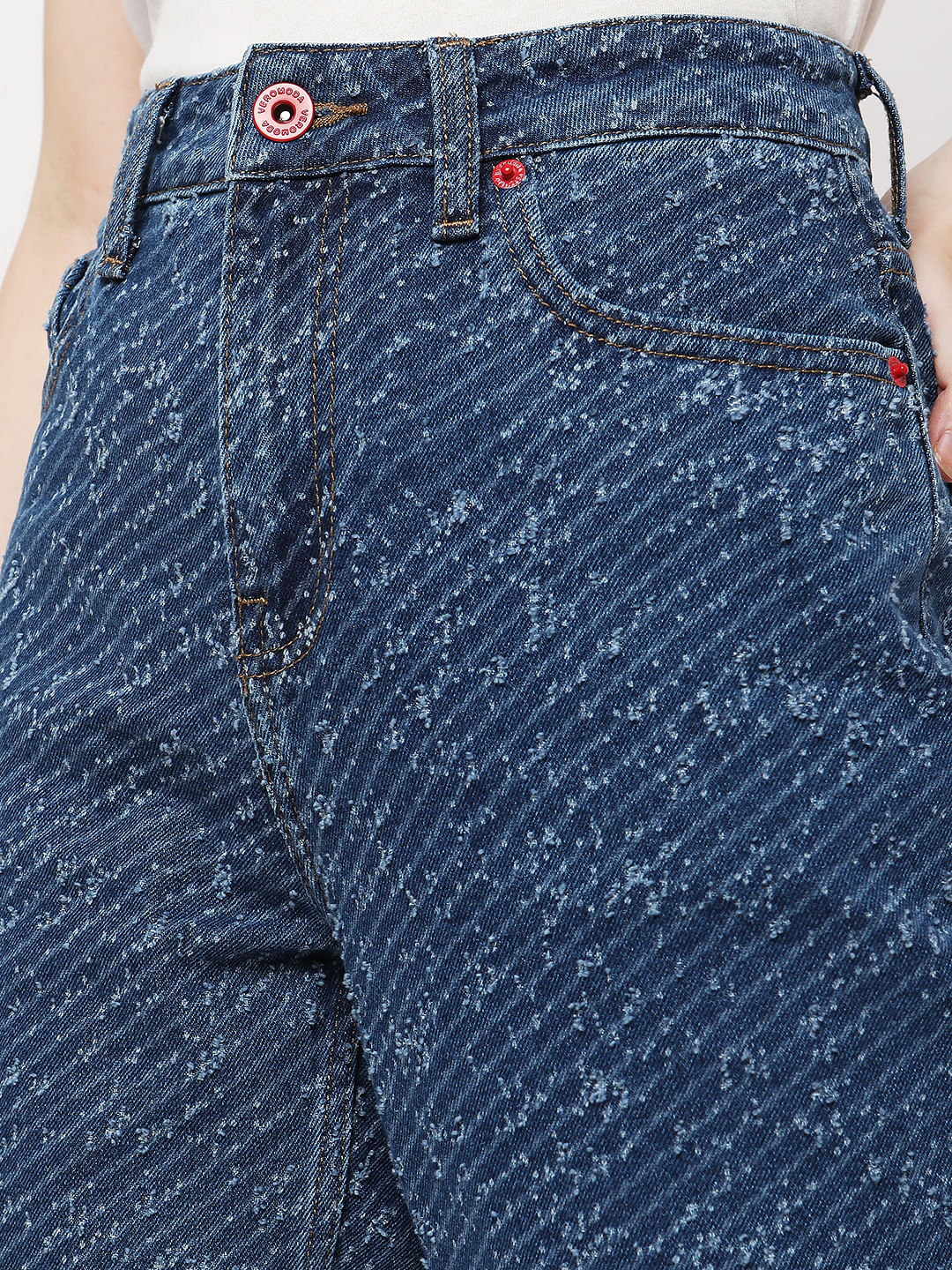 Blue High Rise Textured Jade Straight Fit Jeans