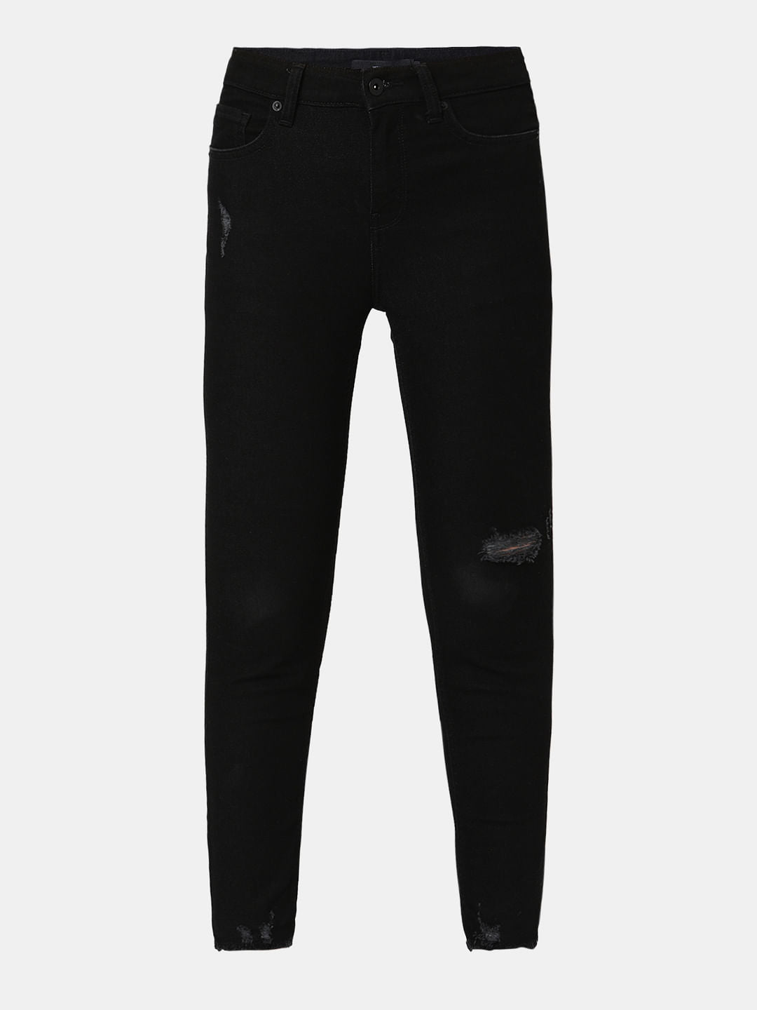 Black High Rise Distressed Jade Straight Fit Jeans