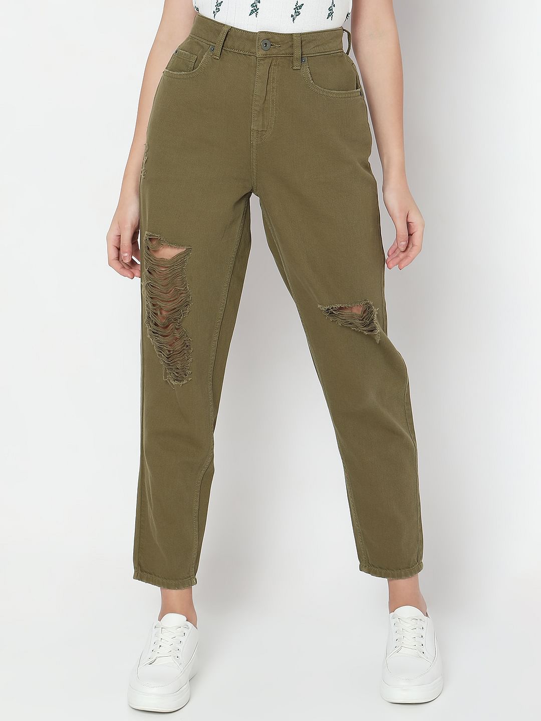 Green High Rise Distressed Straight Fit Jeans
