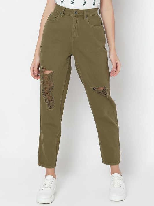 Green High Rise Distressed Straight Fit Jeans
