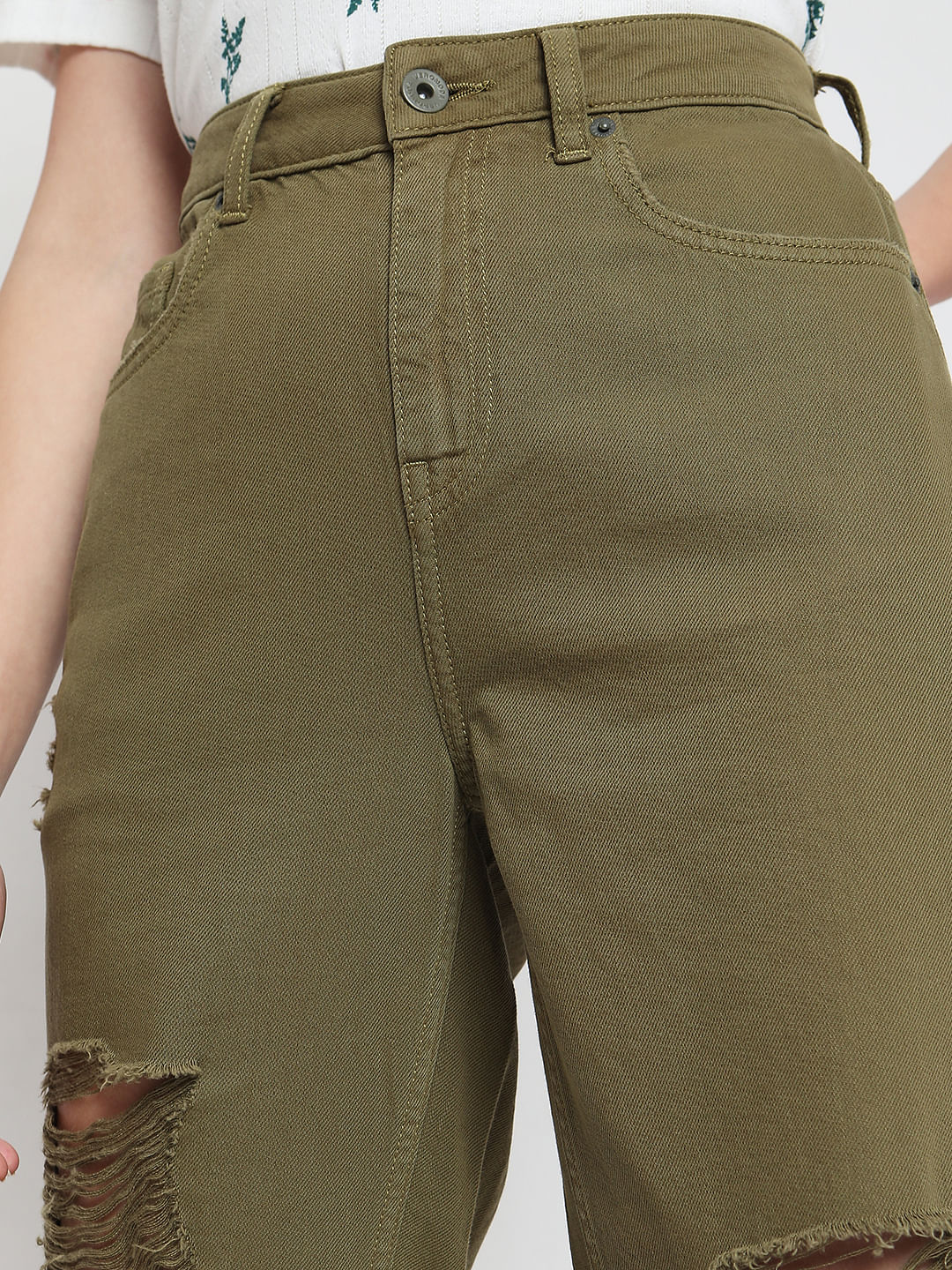 Green High Rise Distressed Straight Fit Jeans