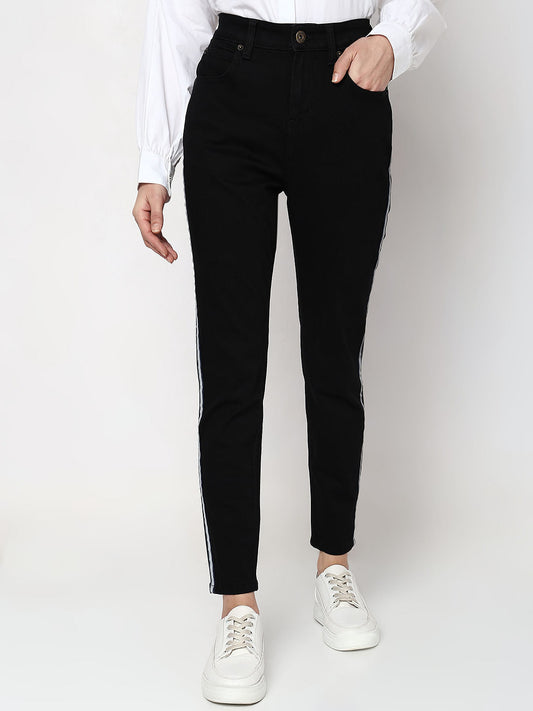 Black High Rise Tape Detail Wendy Skinny Fit Jeans