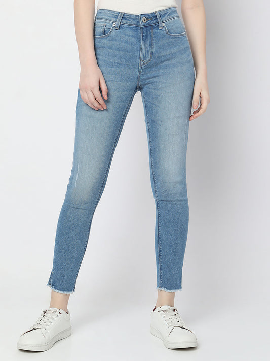 Light Blue Mid Rise Frayed Hem Wendy Skinny Jeans