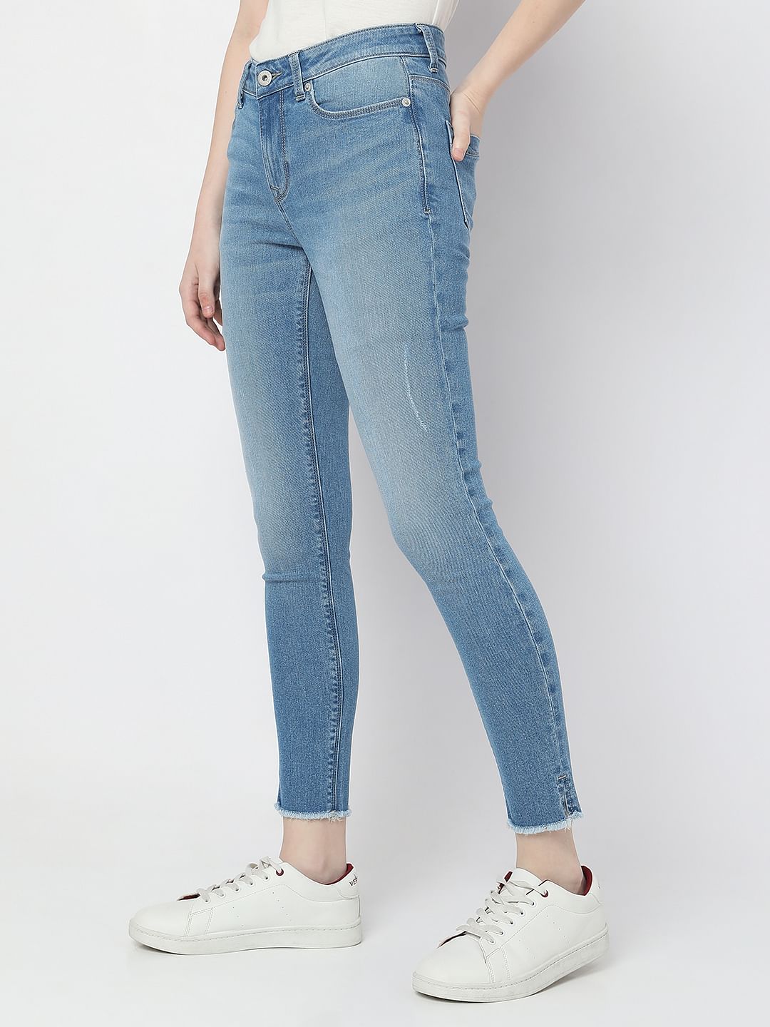 Light Blue Mid Rise Frayed Hem Wendy Skinny Jeans