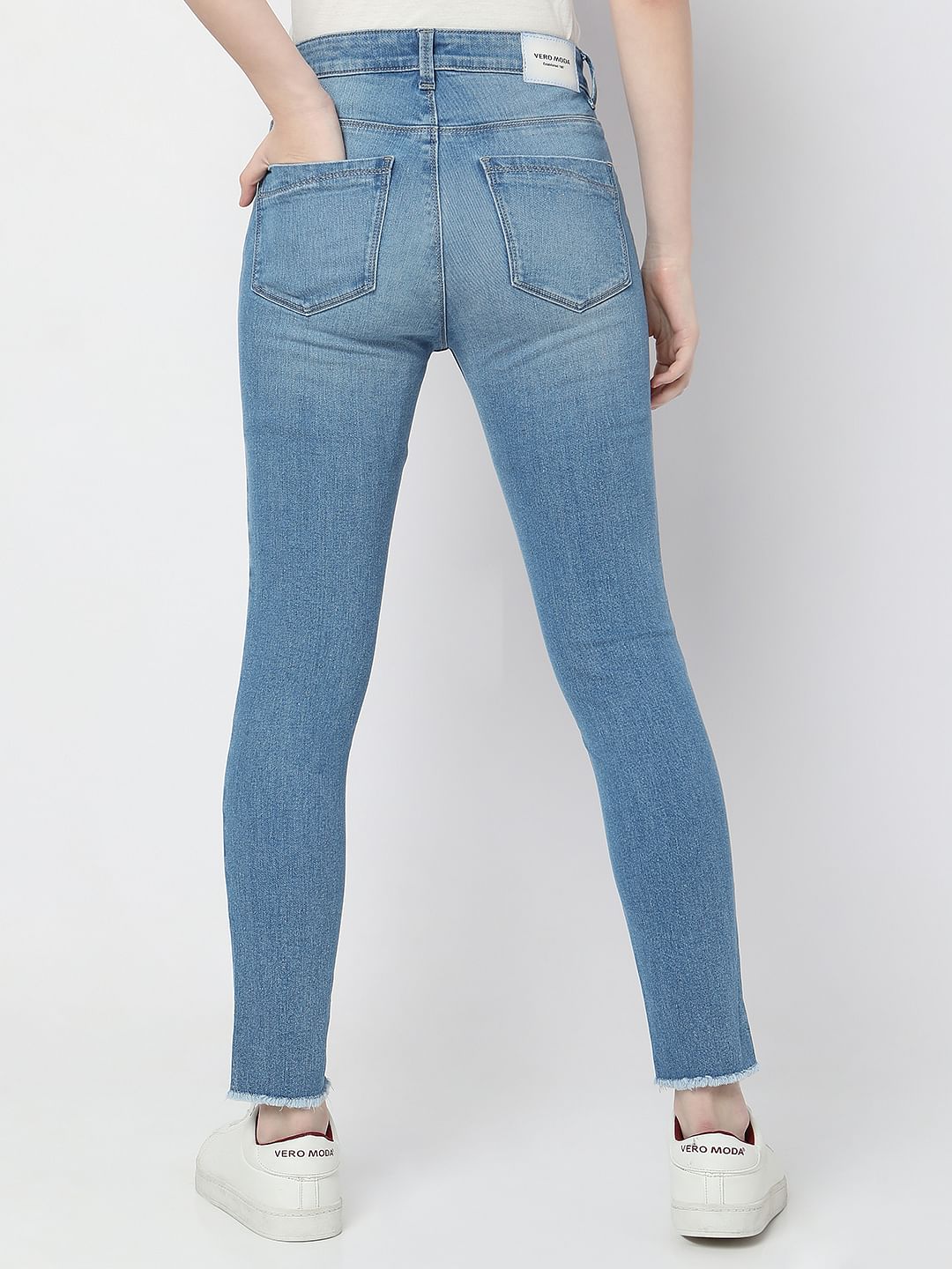 Light Blue Mid Rise Frayed Hem Wendy Skinny Jeans