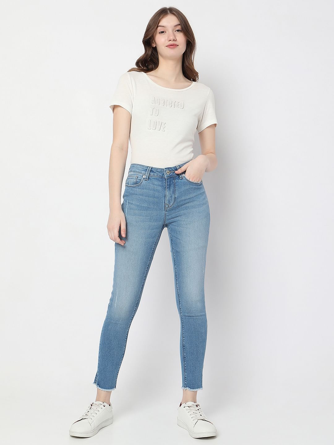 Light Blue Mid Rise Frayed Hem Wendy Skinny Jeans
