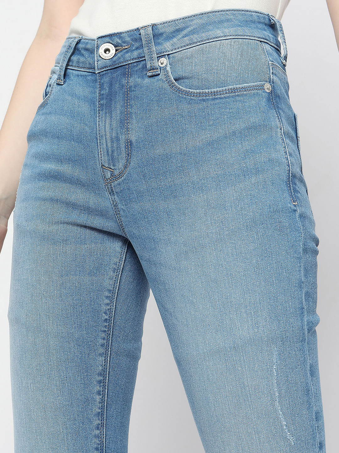 Light Blue Mid Rise Frayed Hem Wendy Skinny Jeans