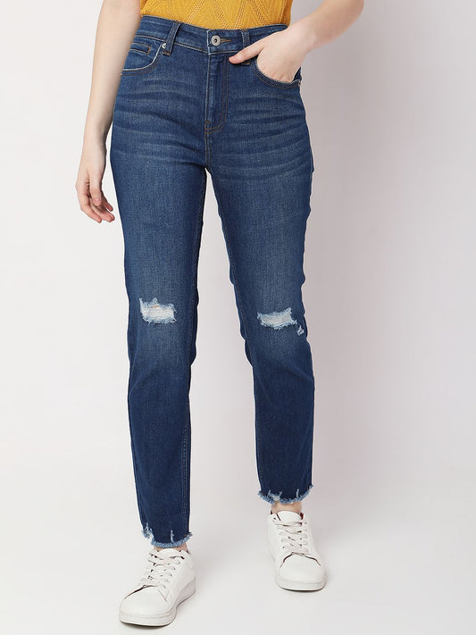 Blue High Rise Distressed Jade Straight Fit Jeans