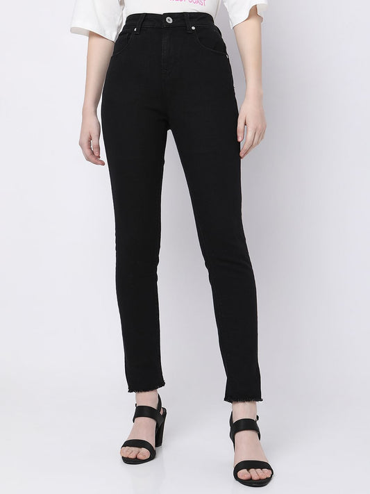 Black High Rise Frayed Hem Regular Fit Jeans