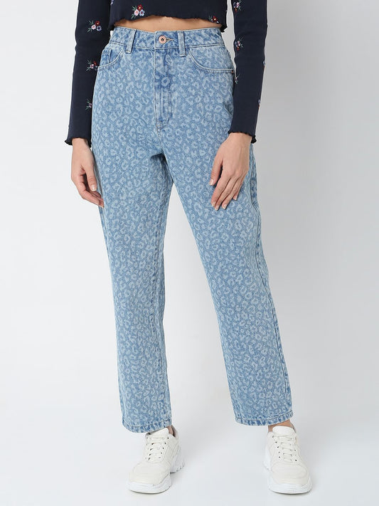Blue High Rise Animal Print Mom Jeans