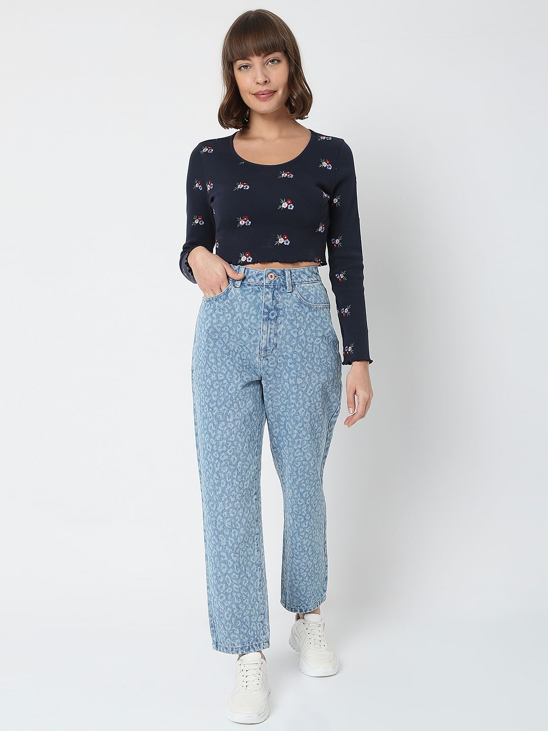 Blue High Rise Animal Print Mom Jeans