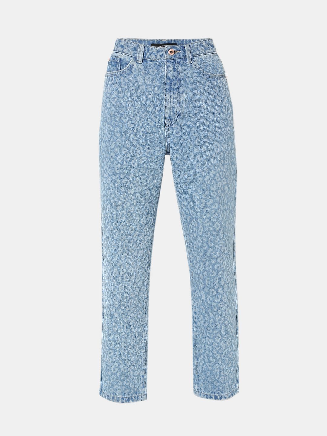 Blue High Rise Animal Print Mom Jeans