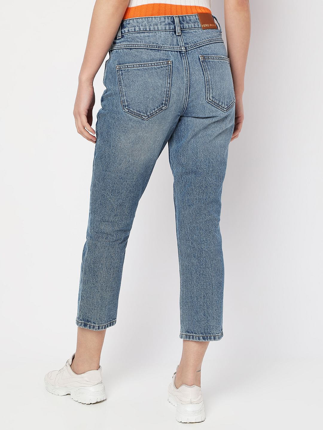 Blue High Rise Distressed Straight Fit Jeans