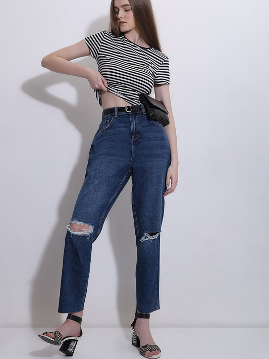 Dark Blue High Rise Ripped Jeans