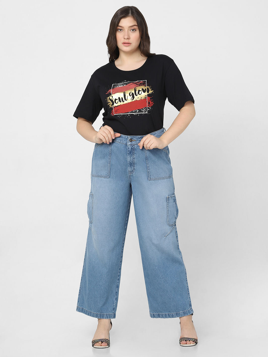 Curve Blue High Rise Cargo Wide Leg Jeans