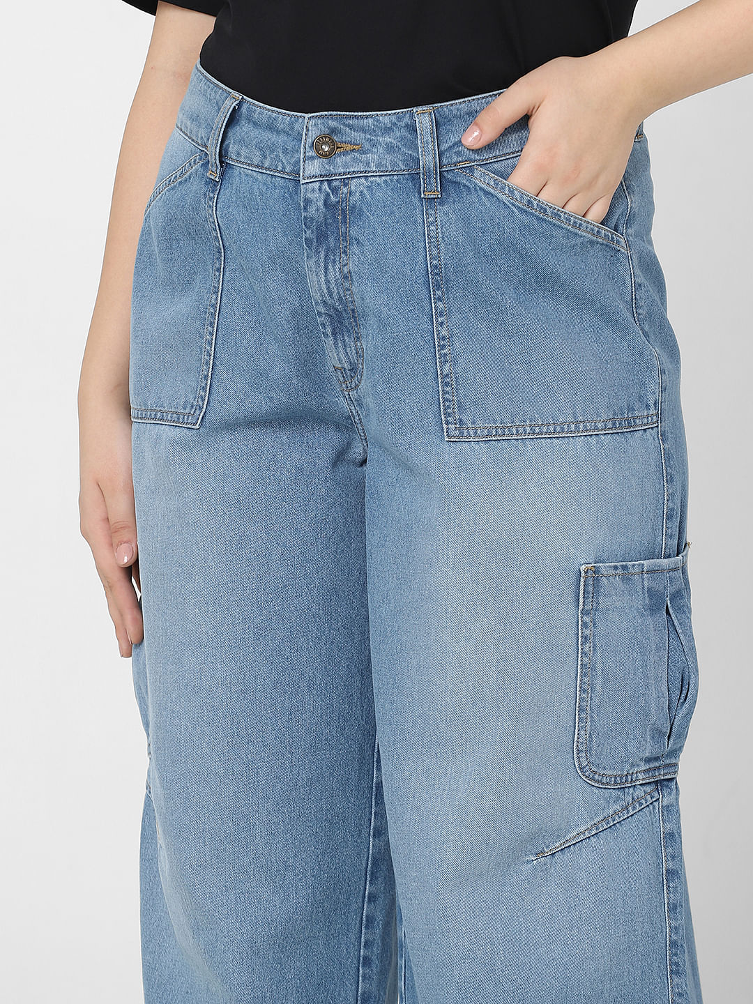 Curve Blue High Rise Cargo Wide Leg Jeans