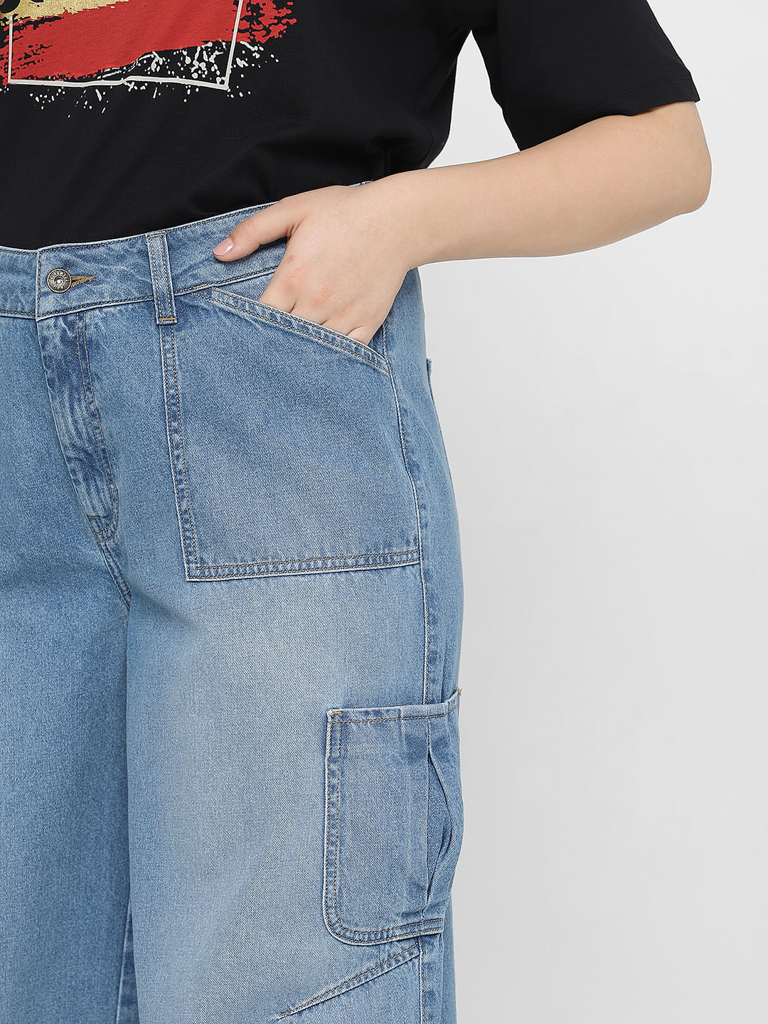 Curve Blue High Rise Cargo Wide Leg Jeans