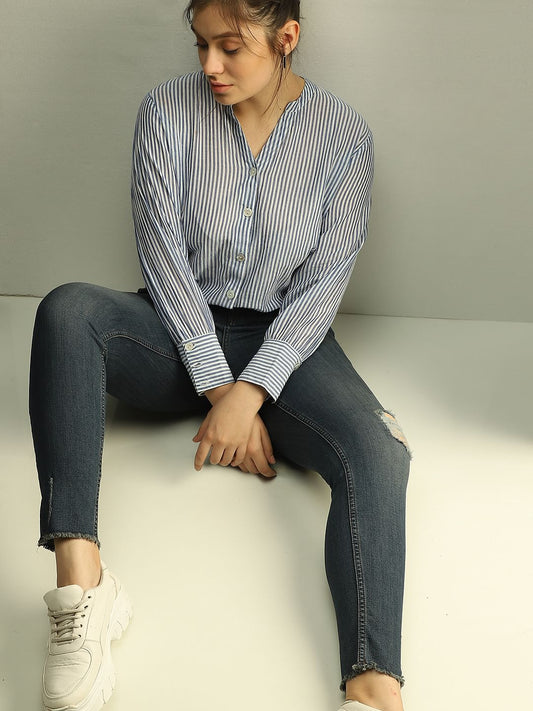 Curve Dark Blue Mid Rise Distressed Skinny Jeans