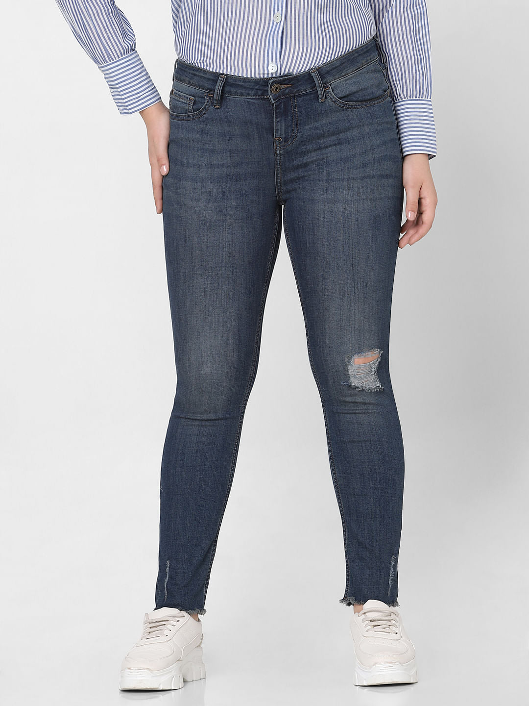 Curve Dark Blue Mid Rise Distressed Skinny Jeans