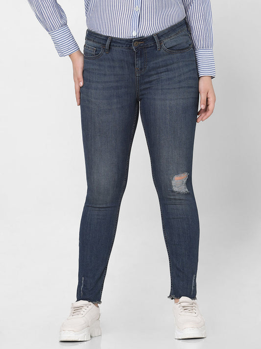 Curve Dark Blue Mid Rise Distressed Skinny Jeans