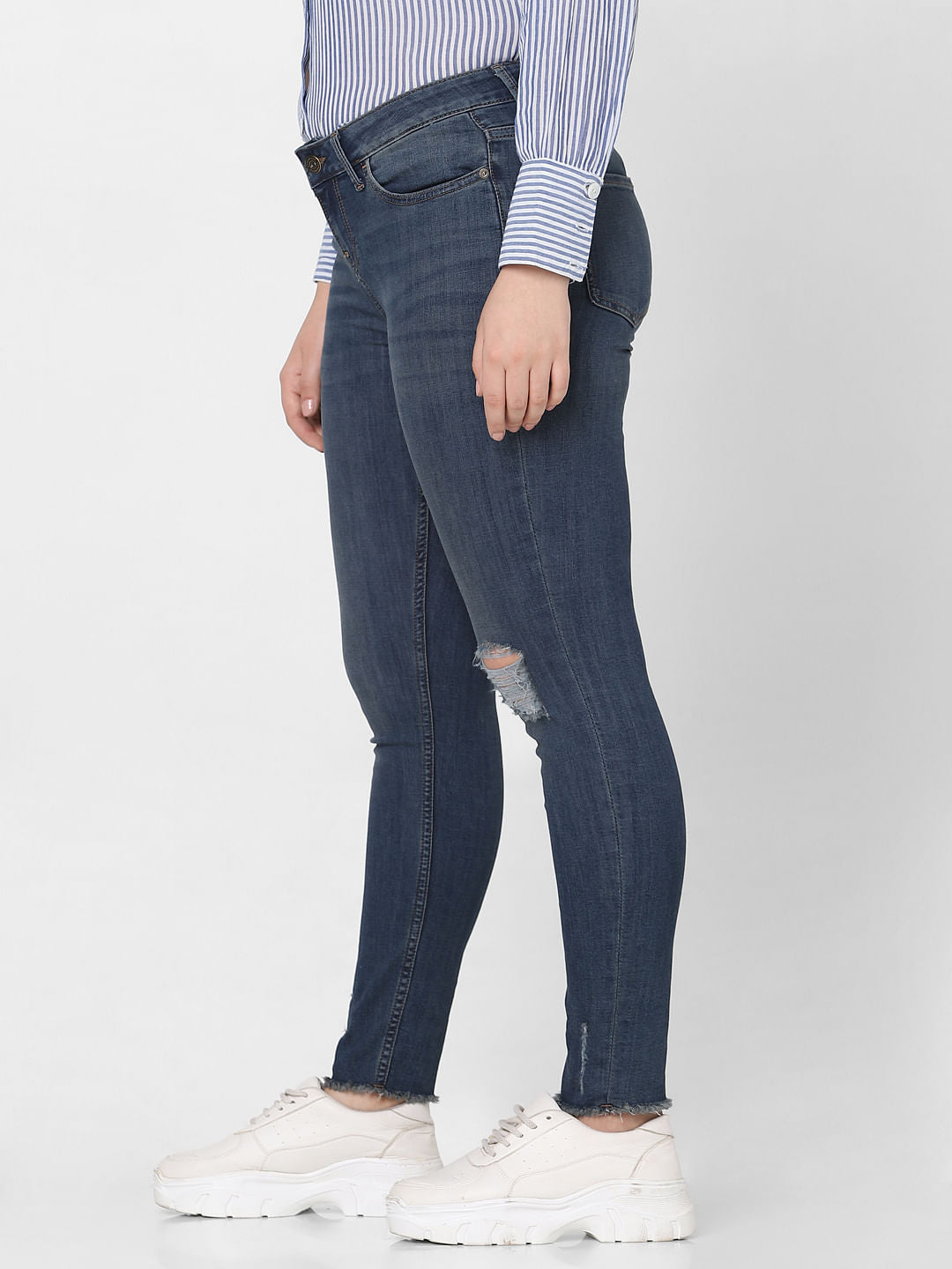 Curve Dark Blue Mid Rise Distressed Skinny Jeans