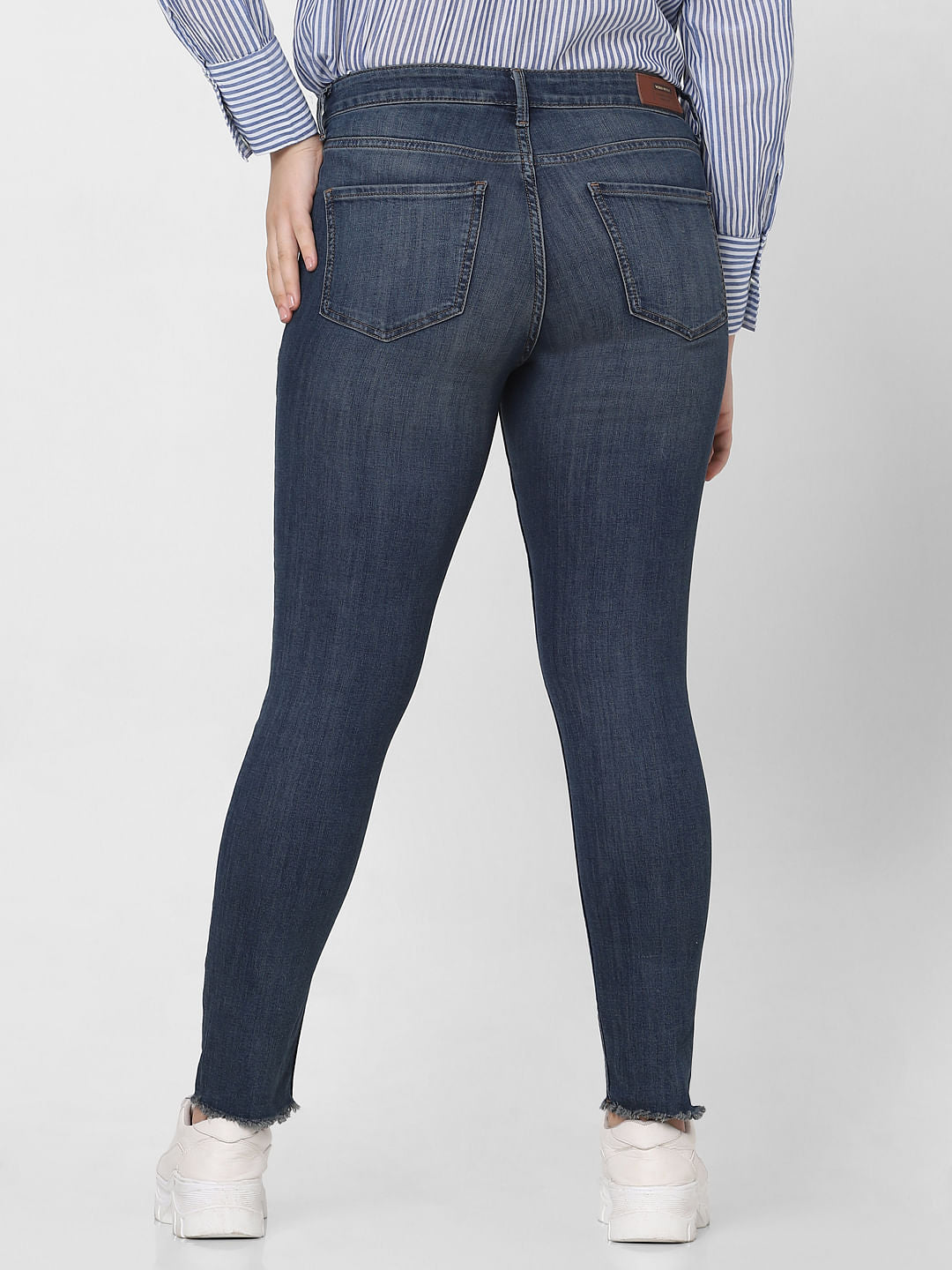 Curve Dark Blue Mid Rise Distressed Skinny Jeans