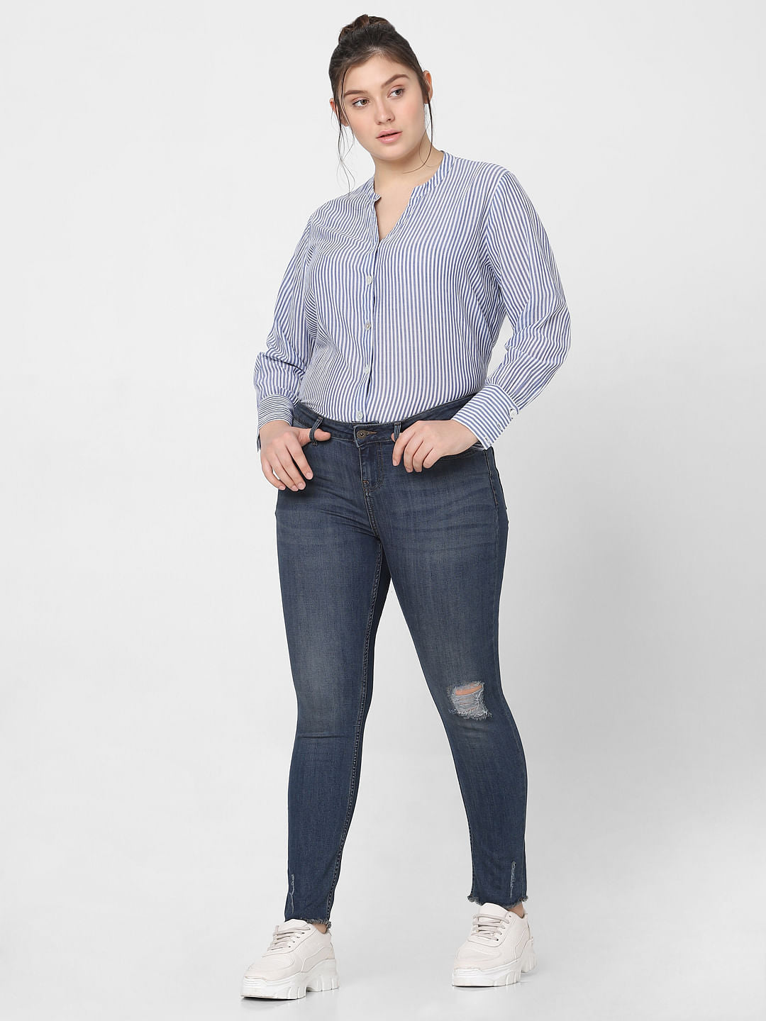 Curve Dark Blue Mid Rise Distressed Skinny Jeans