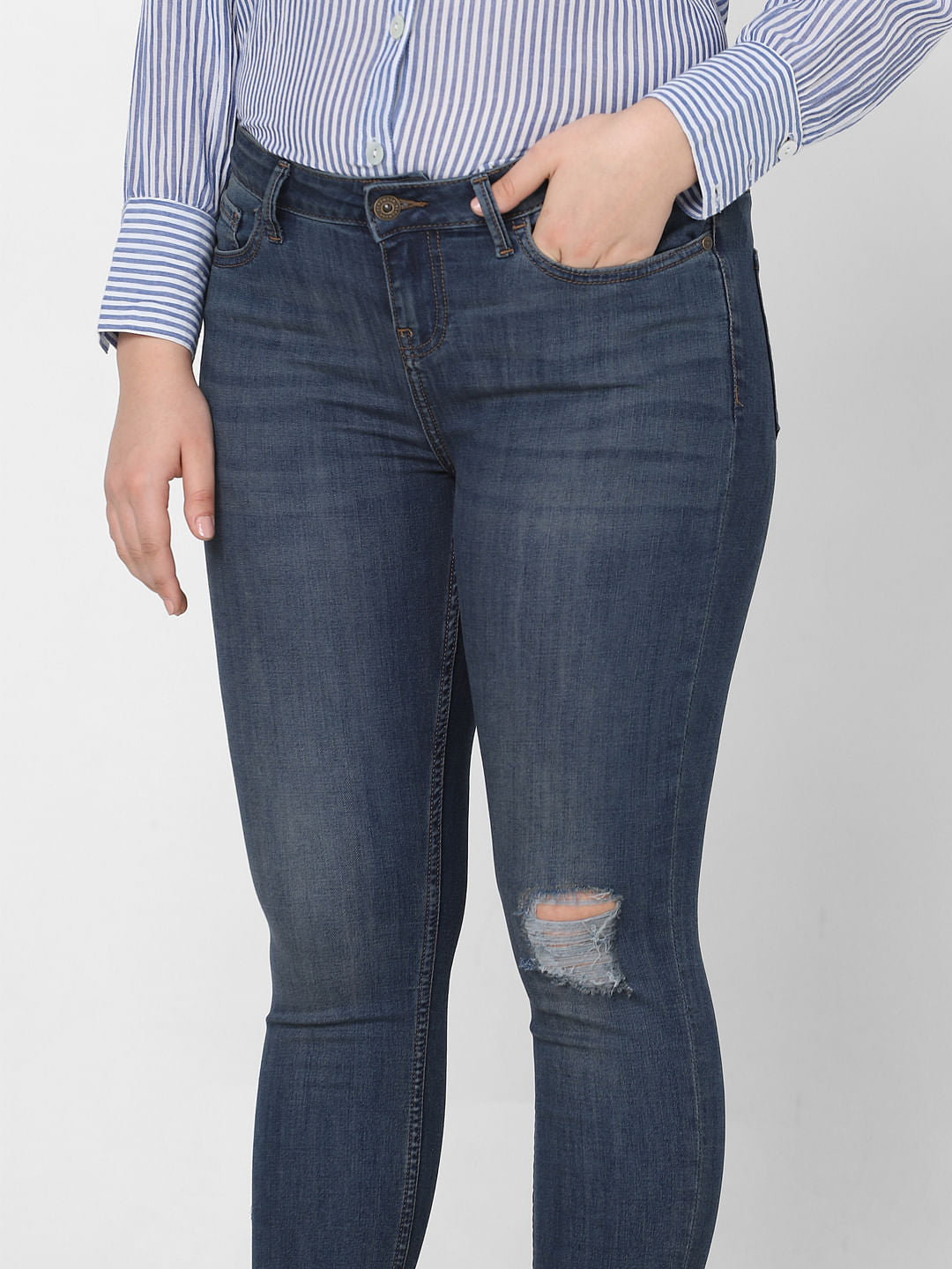 Curve Dark Blue Mid Rise Distressed Skinny Jeans