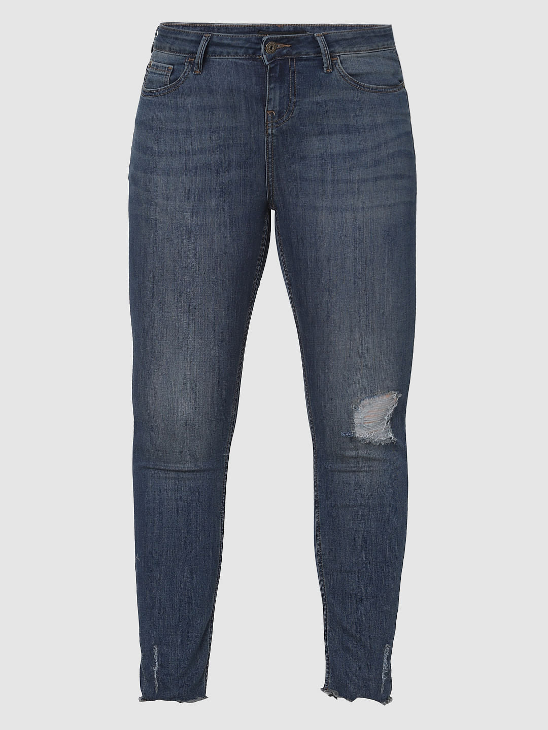 Curve Dark Blue Mid Rise Distressed Skinny Jeans