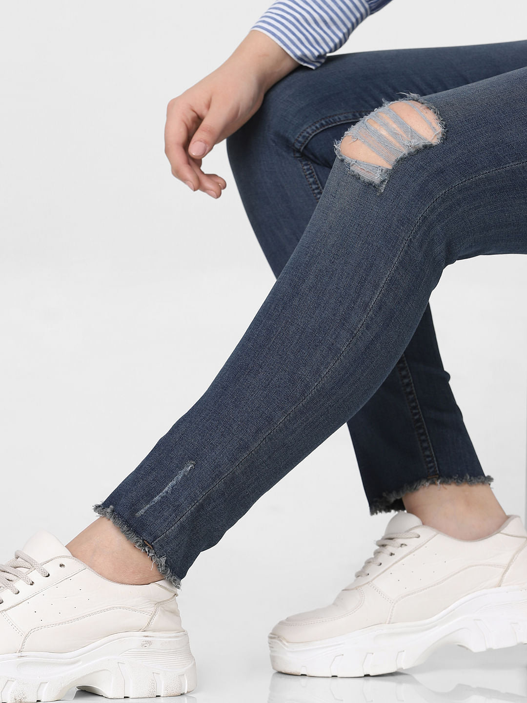Curve Dark Blue Mid Rise Distressed Skinny Jeans