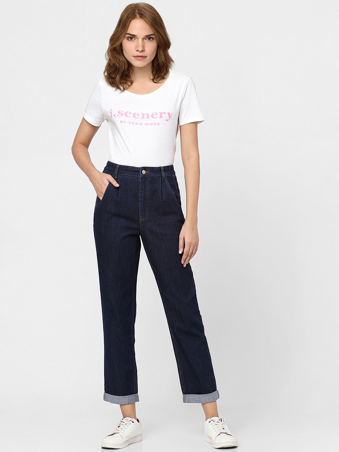 Blue High Rise Pleated Jade Straight Fit Jeans